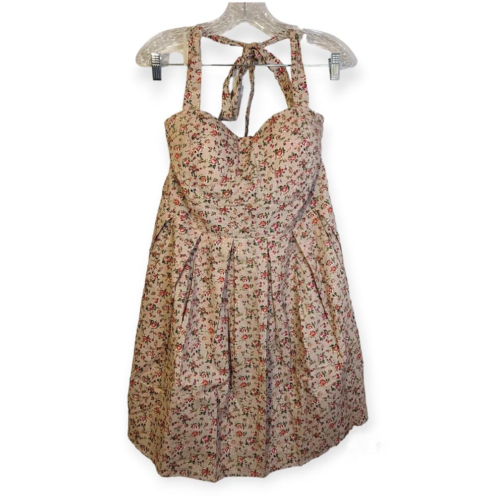 No Boundaries Beige Floral Sweetheart Neck Smocked Back Pinup Halter Dress XL